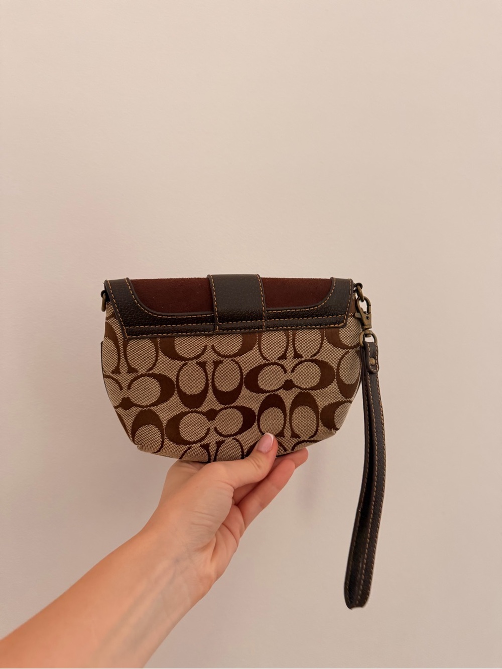 Coach Style Brown Signature Canvas & Suede Wristlet with Buckle - Picture 3 of 3